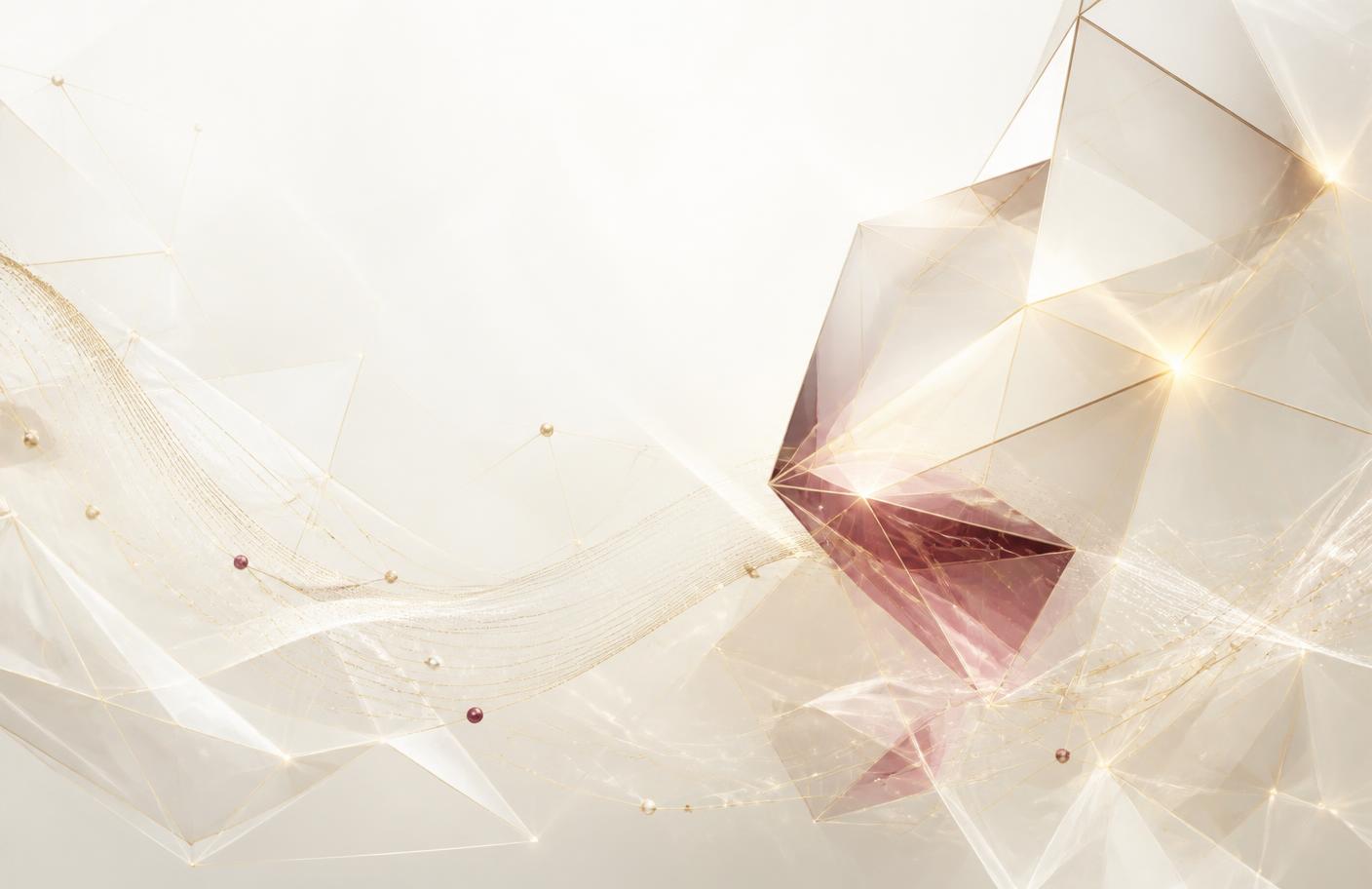 Abstract faceted crystal and fine data lines on a pearl background