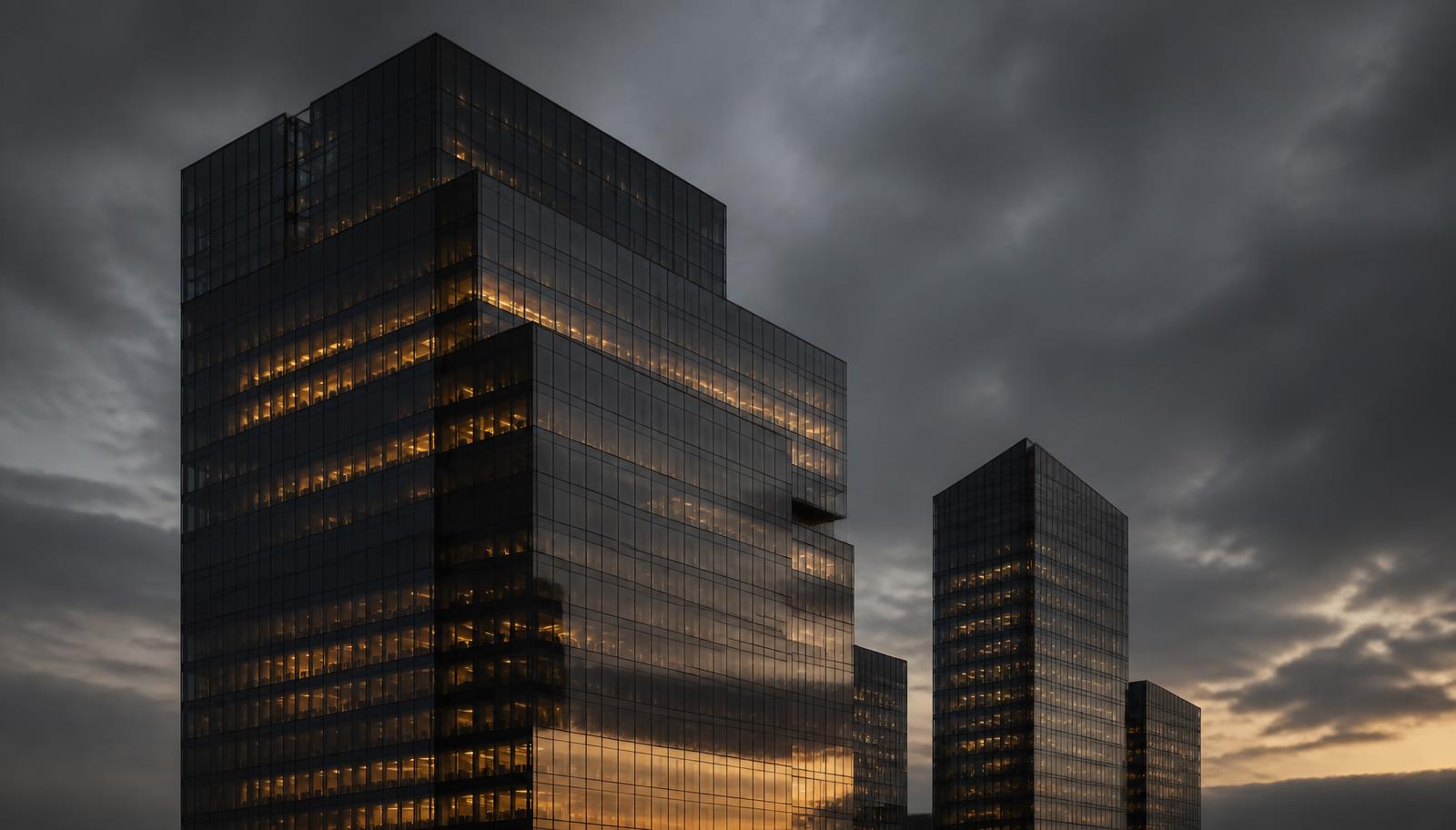 Business district skyline at dusk